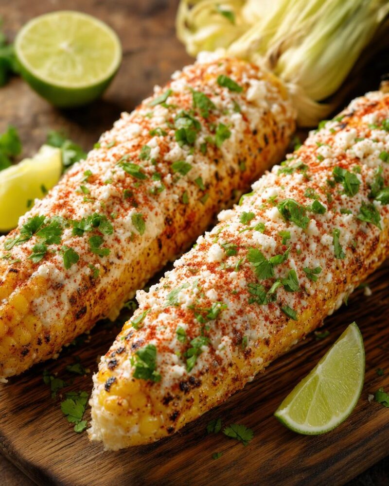 Elote - grilled corn on the cob with crema, cotija cheese and chili powder
