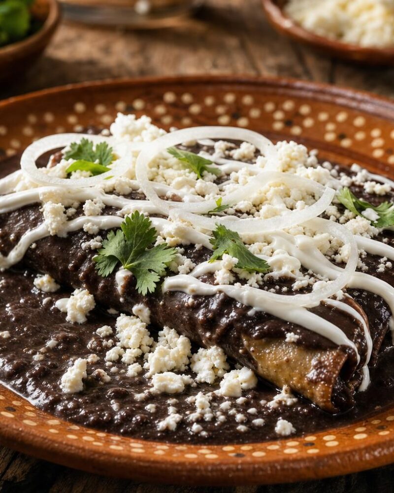 Oaxacan enfrijoladas in black bean sauce