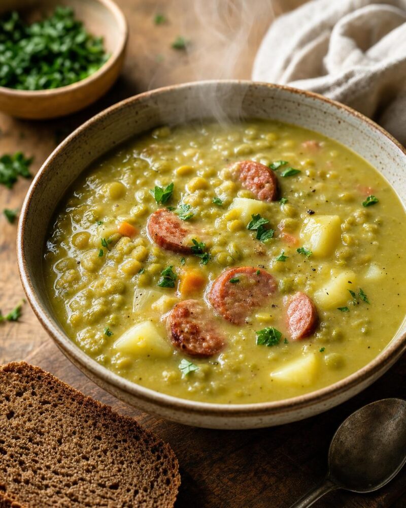 Erbsensuppe split pea soup with sausage and rye bread