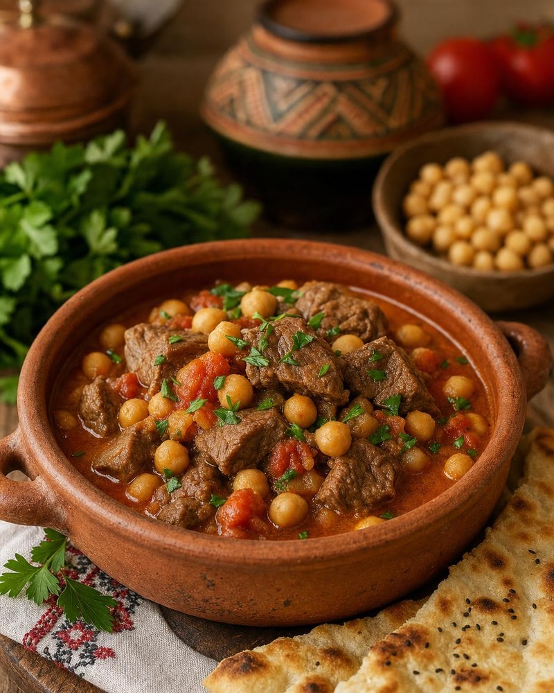 Turkish beef and chickpea stew in tomato broth with flatbread
