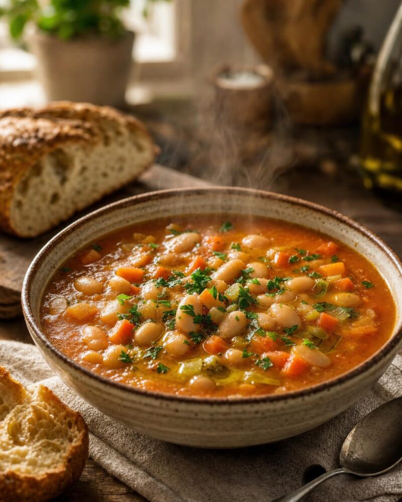Fasolada — hearty Greek white bean soup with tomato, carrot and olive oil