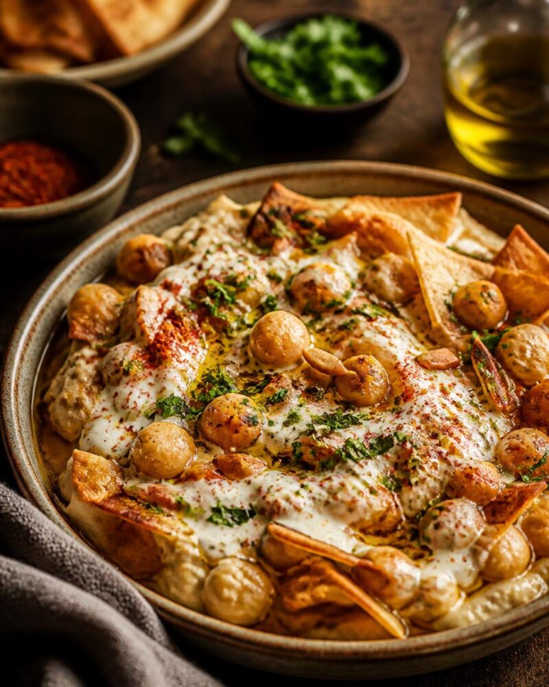 Fattet Hummus - layered pita, chickpeas and garlicky yogurt
