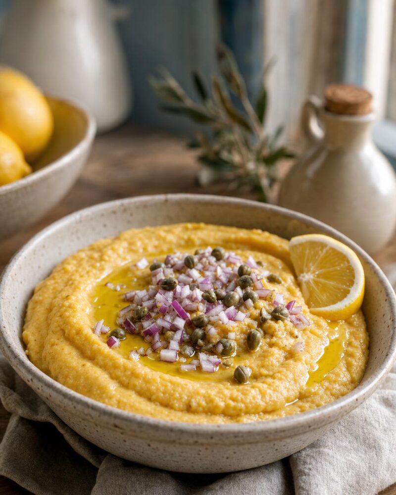 Fava Santorinis — silky golden yellow split pea purée with olive oil, onion and capers