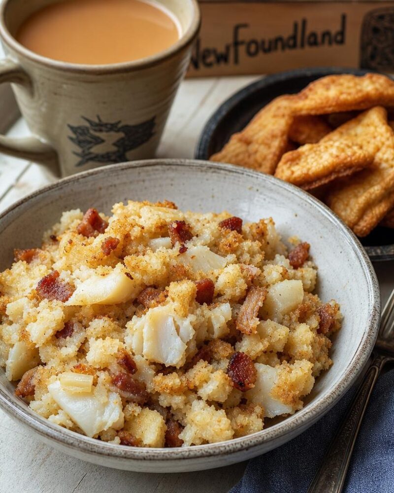 Newfoundland fish and brewis with salt cod and scrunchions