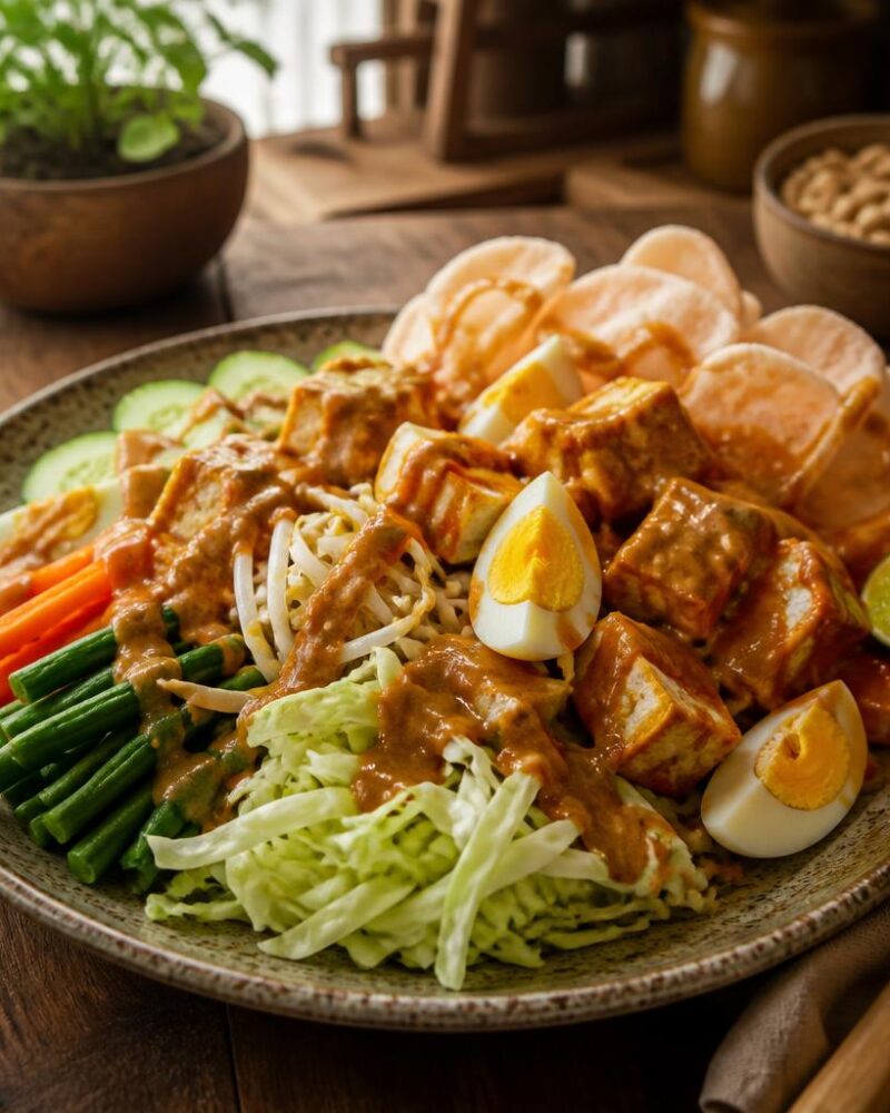 Gado-Gado — blanched vegetables, tofu and eggs under warm peanut sauce