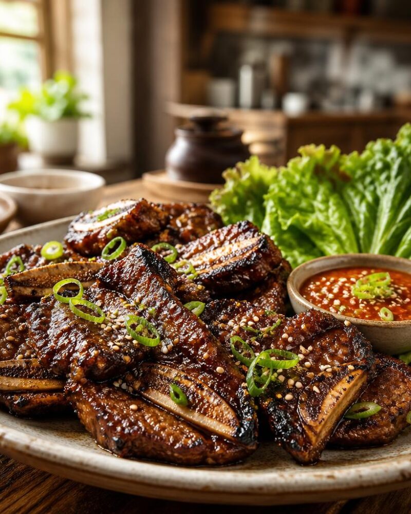 Galbi (Korean grilled short ribs) with sesame and ssamjang