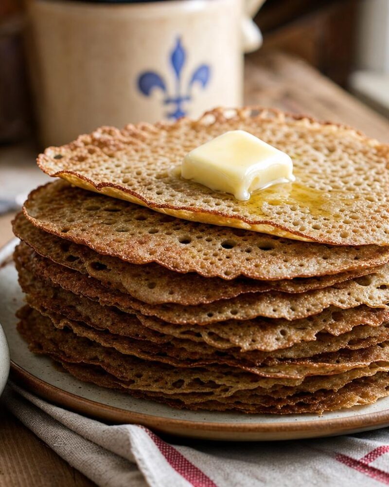 Galette de sarrasin, rustic Quebec buckwheat griddle cakes with butter, molasses and maple syrup