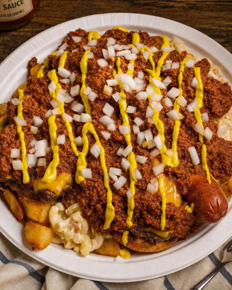 Garbage Plate — Rochester-style home fries, mac salad, burgers and hot dog with spicy meat sauce