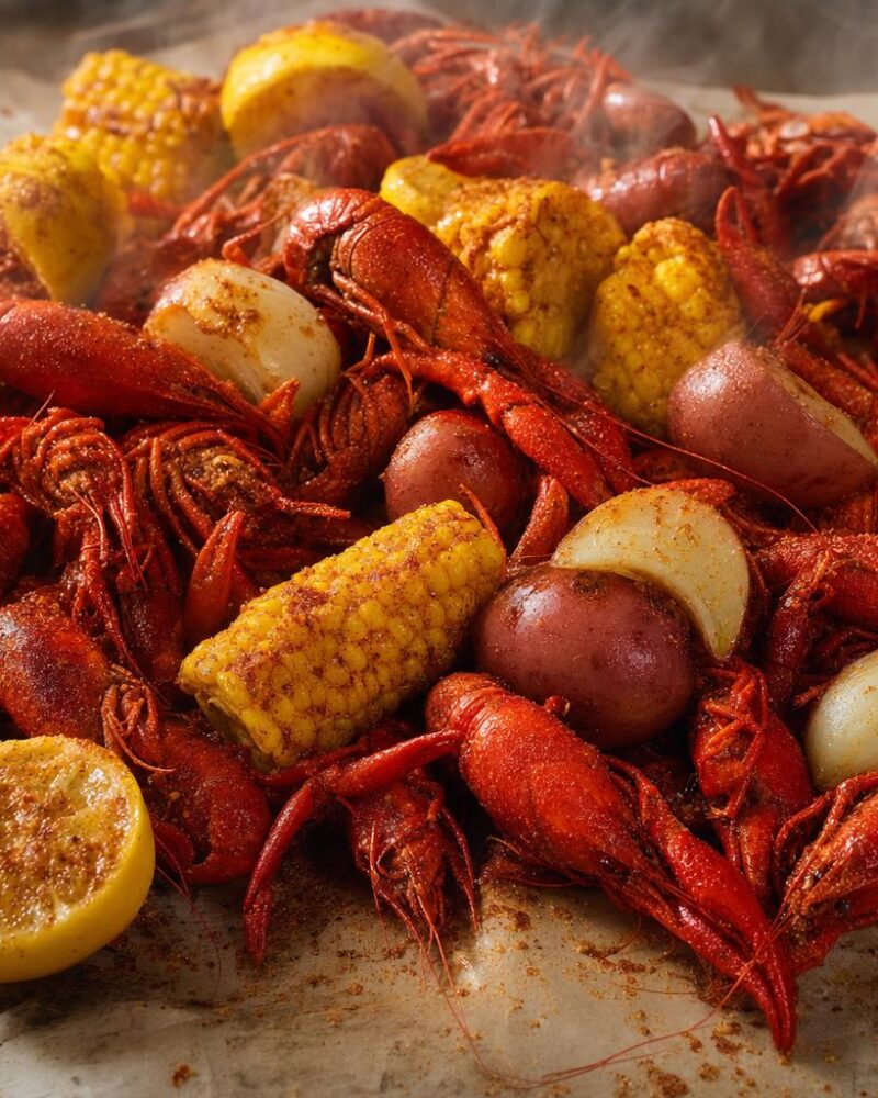 Steaming pile of red boiled crawfish with corn, potatoes and lemon on parchment