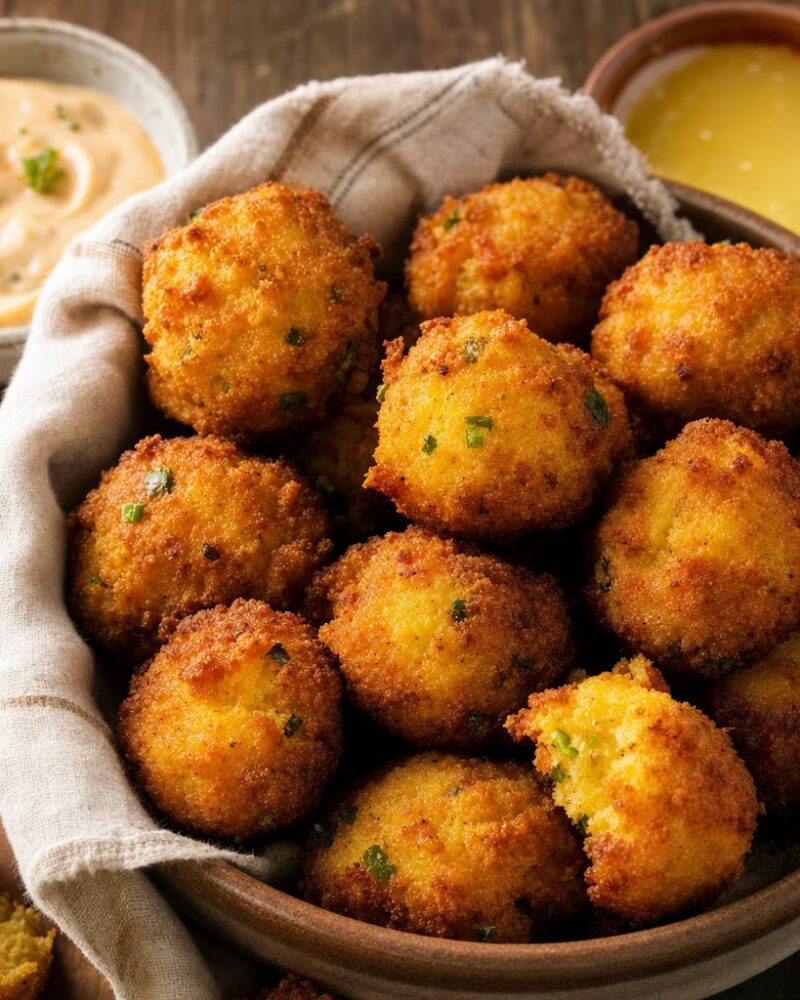 Golden fried cornmeal hush puppies with remoulade and honey butter dipping sauces