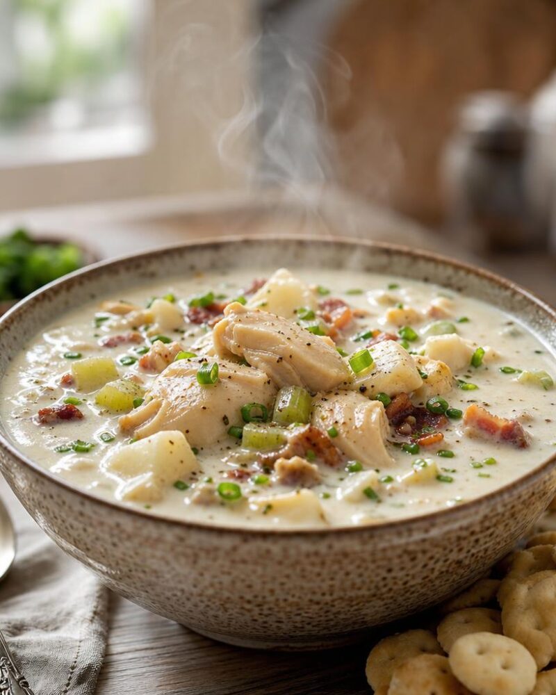 Creamy geoduck chowder with potatoes, bacon and chives
