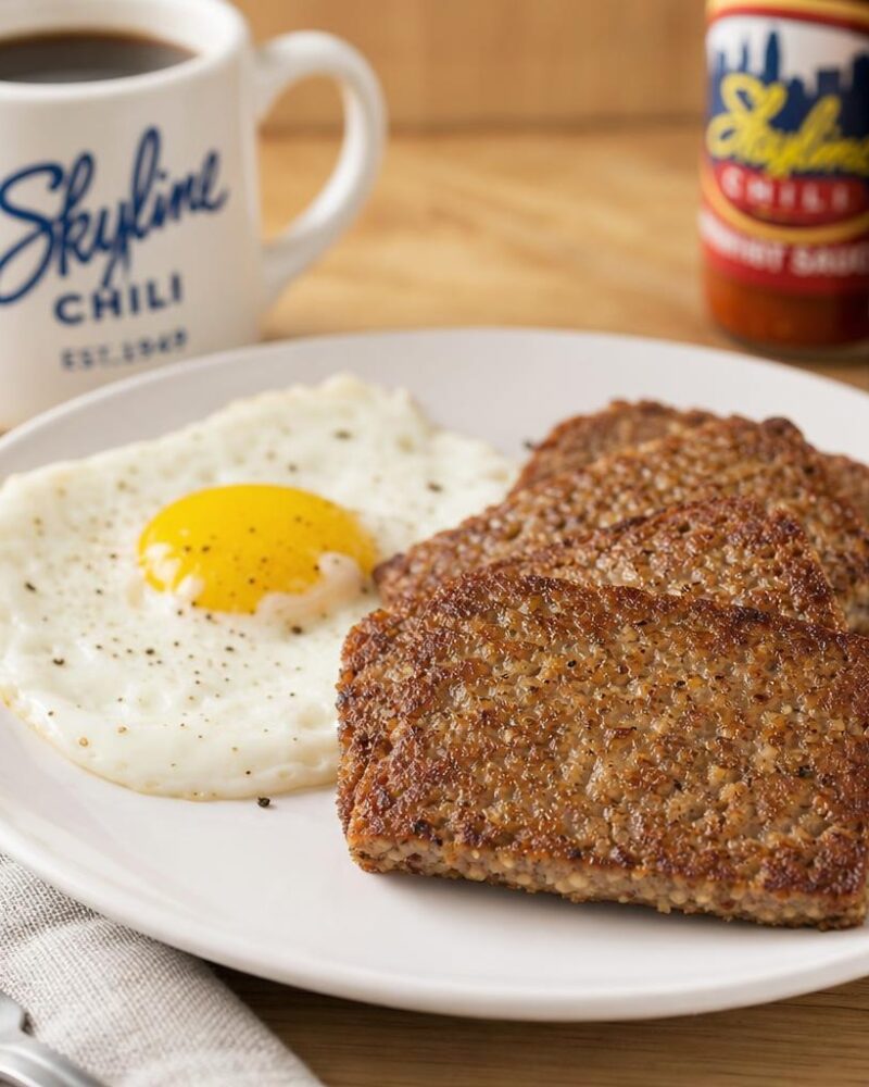 Crispy pan-fried goetta slices with a fried egg