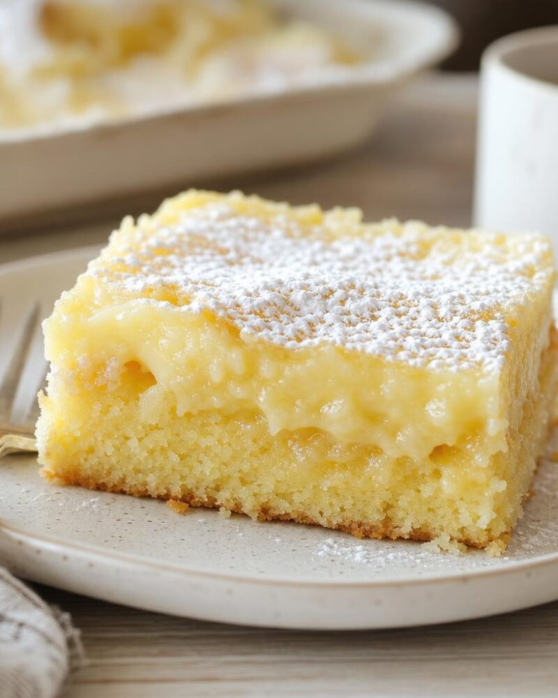 St. Louis gooey butter cake square dusted with powdered sugar