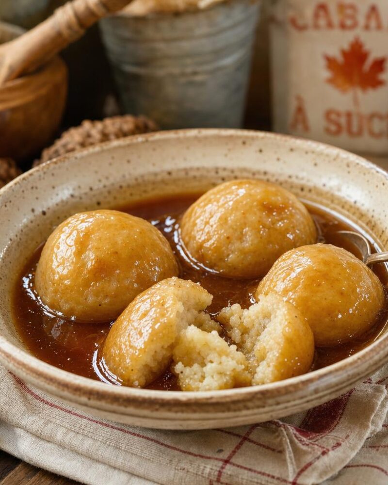 Grands-pères dans le sirop, fluffy dumplings poached in maple syrup, served warm with cream