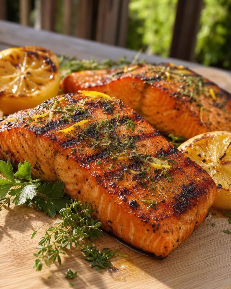 Wild salmon fillets with charred grill marks and lemon
