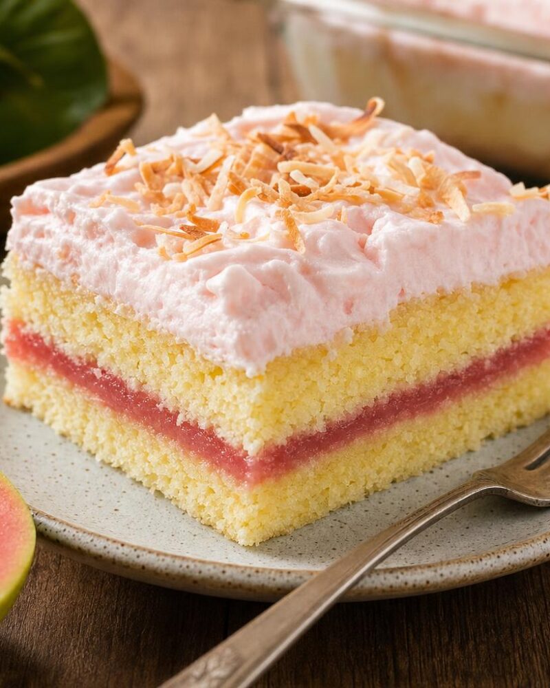 Guava Cake - Hawaiian sheet cake with guava jelly and pink guava frosting