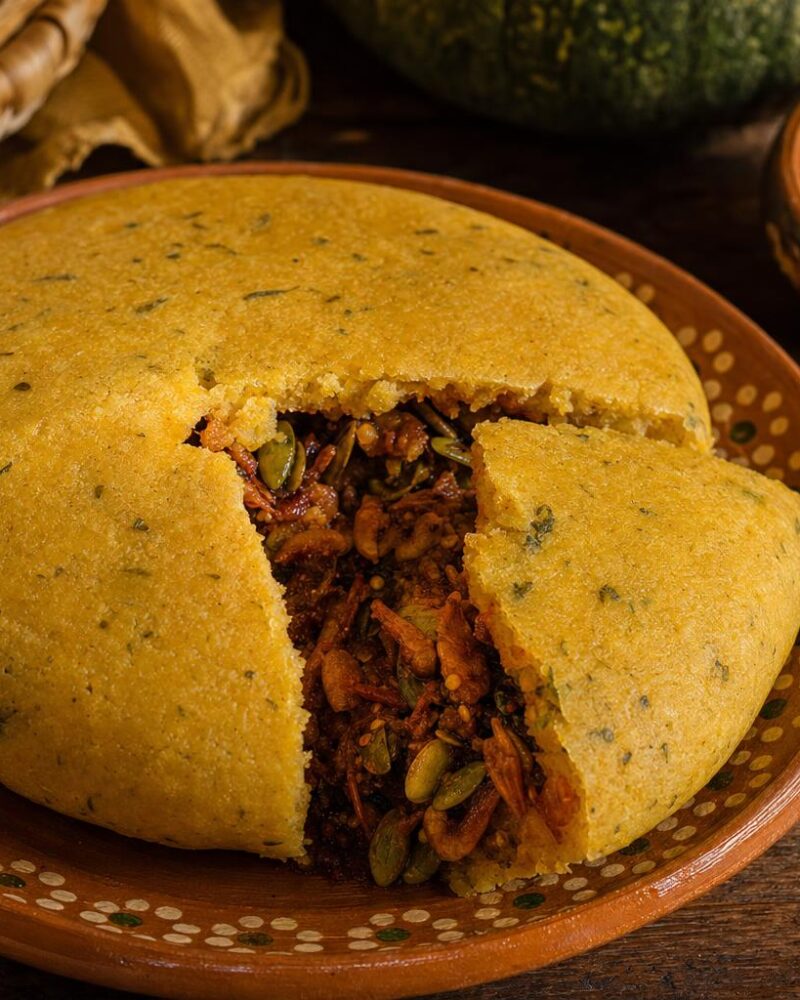 Zapotec guetavia corn cake filled with chile salsa