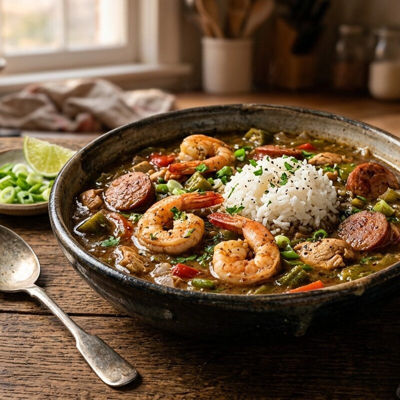 Gumbo with shrimp, sausage and rice