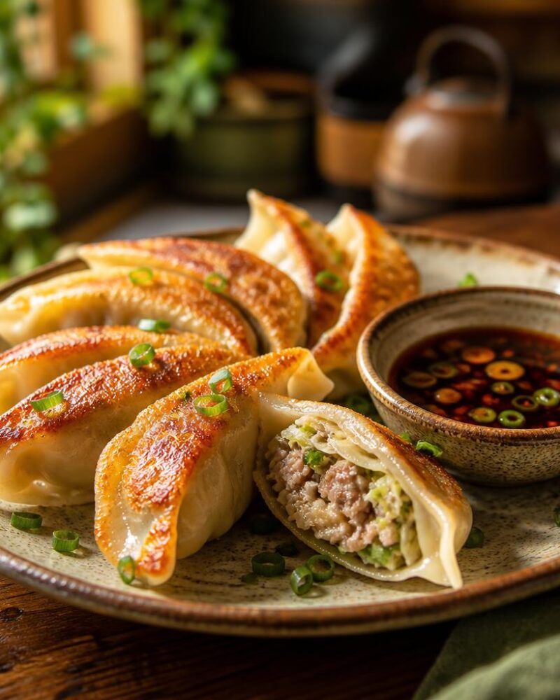 Gyoza (pan-fried pork dumplings) with soy-vinegar dipping sauce