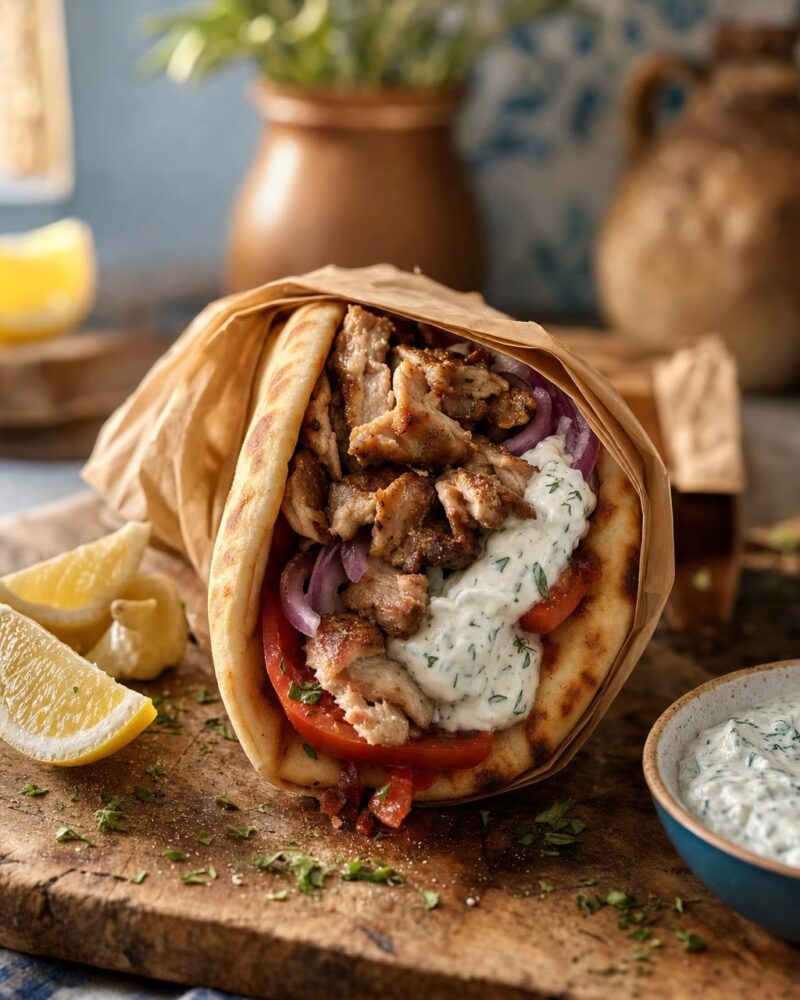 Gyro — marinated pork in warm pita with tomato, onion and tzatziki