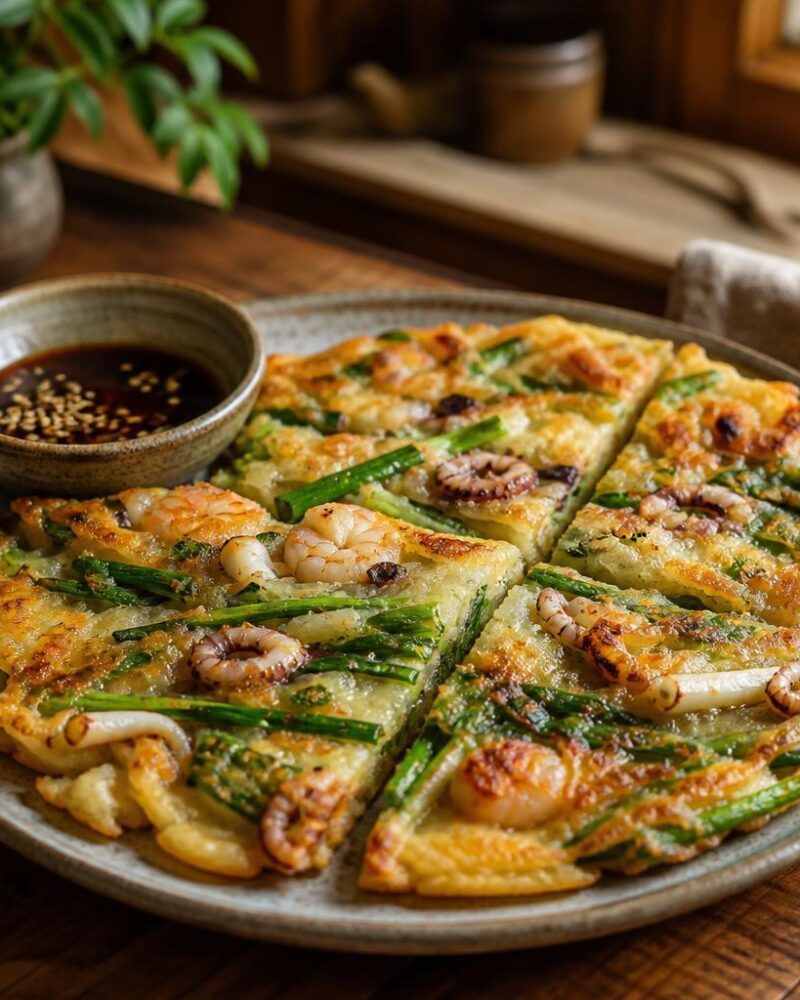 Haemul Pajeon (seafood scallion pancake) with dipping sauce
