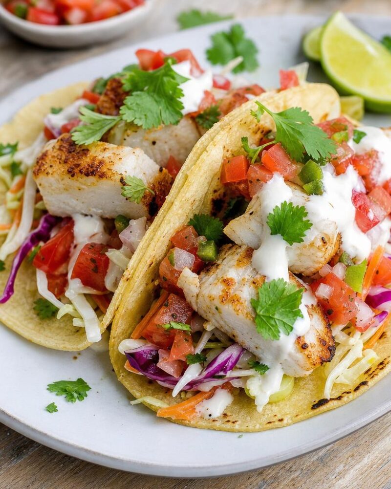 Halibut fish tacos with cabbage slaw, pico de gallo and crema