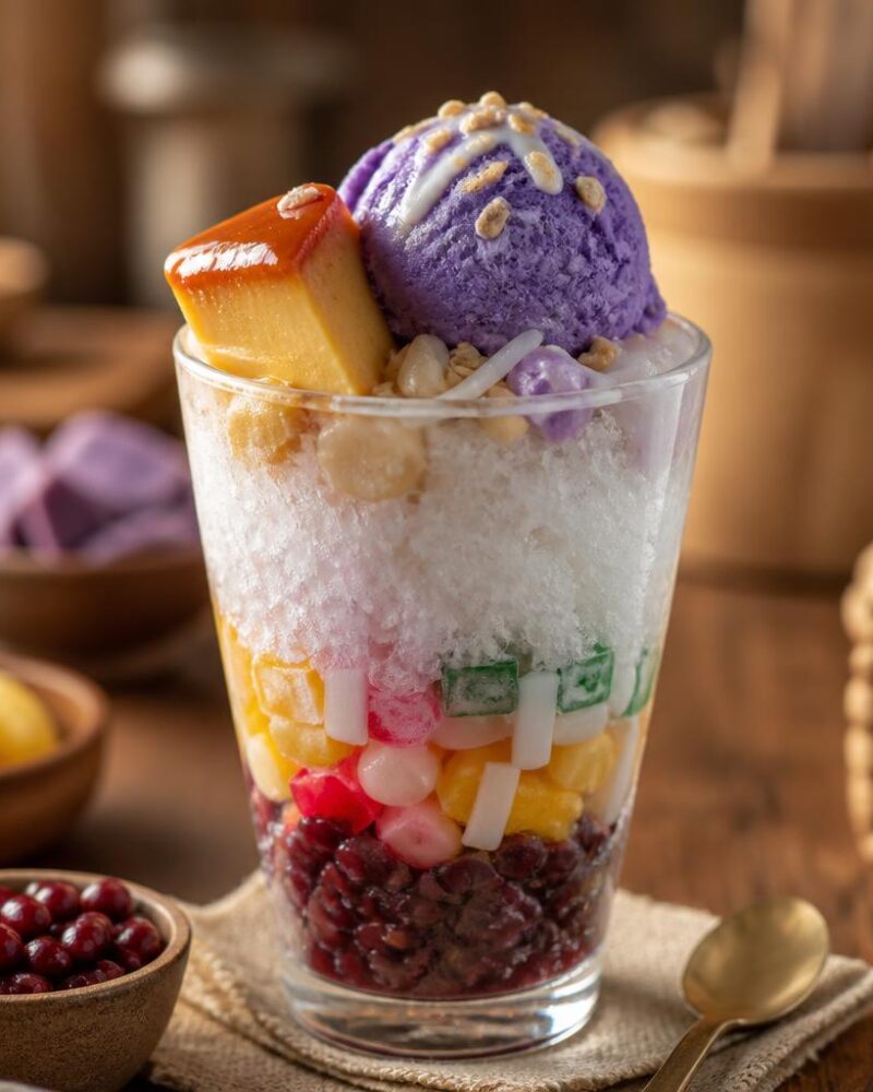 Halo-Halo — shaved ice layered with sweet beans, jellies and leche flan, topped with ube ice cream