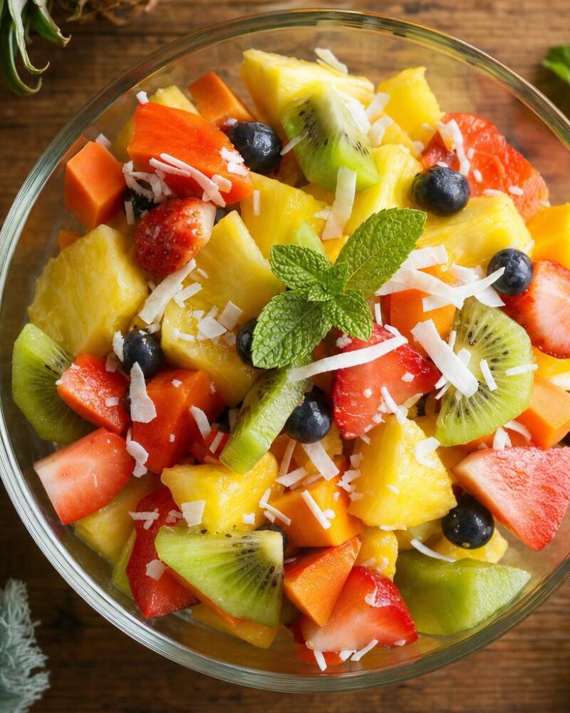 Hawaiian Fruit Salad - fresh tropical fruit salad with pineapple, mango, kiwi and coconut