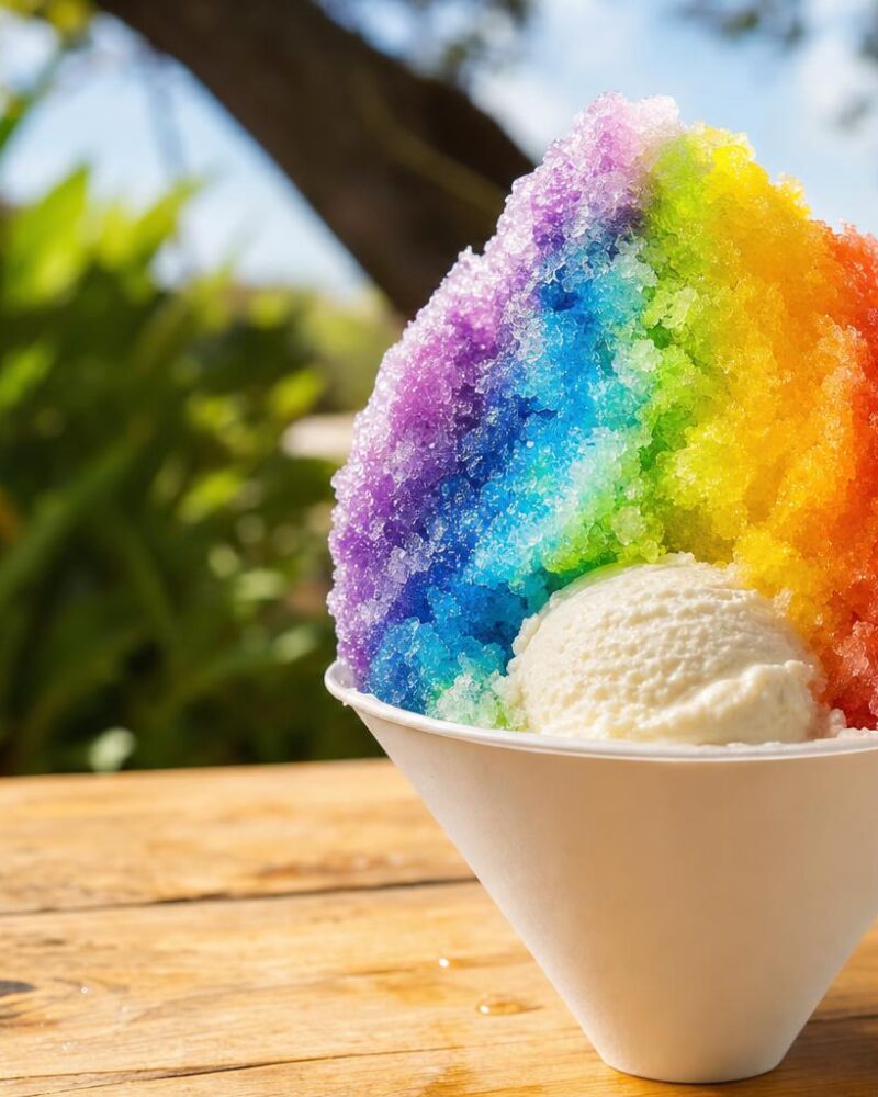 Hawaiian Shave Ice - rainbow shaved ice cone with vanilla ice cream