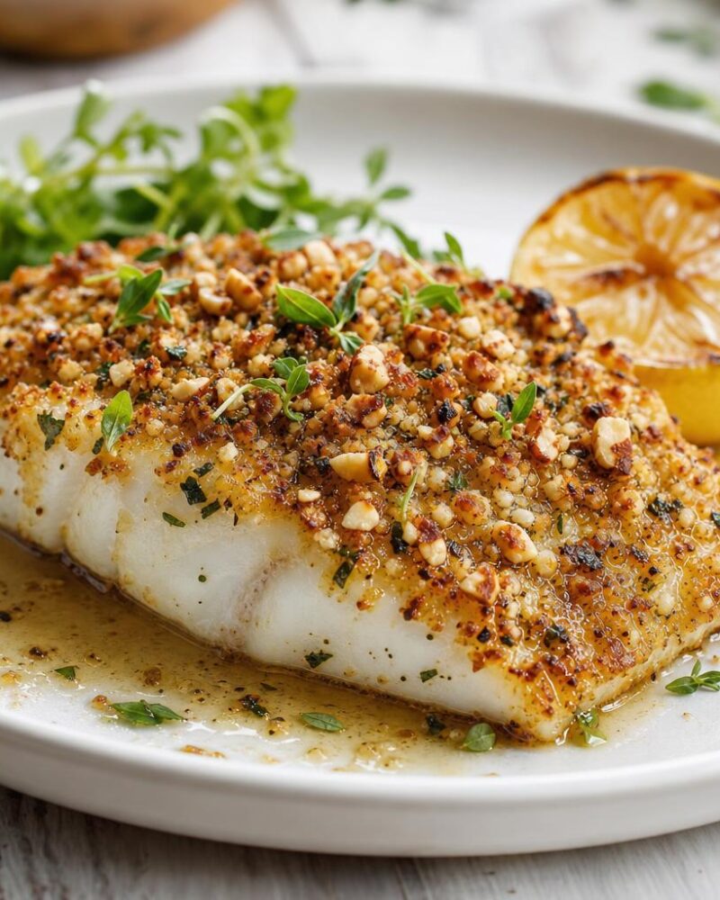Golden hazelnut crusted halibut fillet with roasted lemon