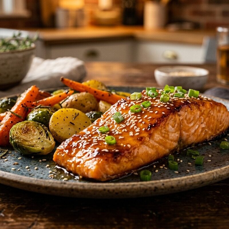 Honey Garlic Glazed Salmon with sesame seeds and green onions