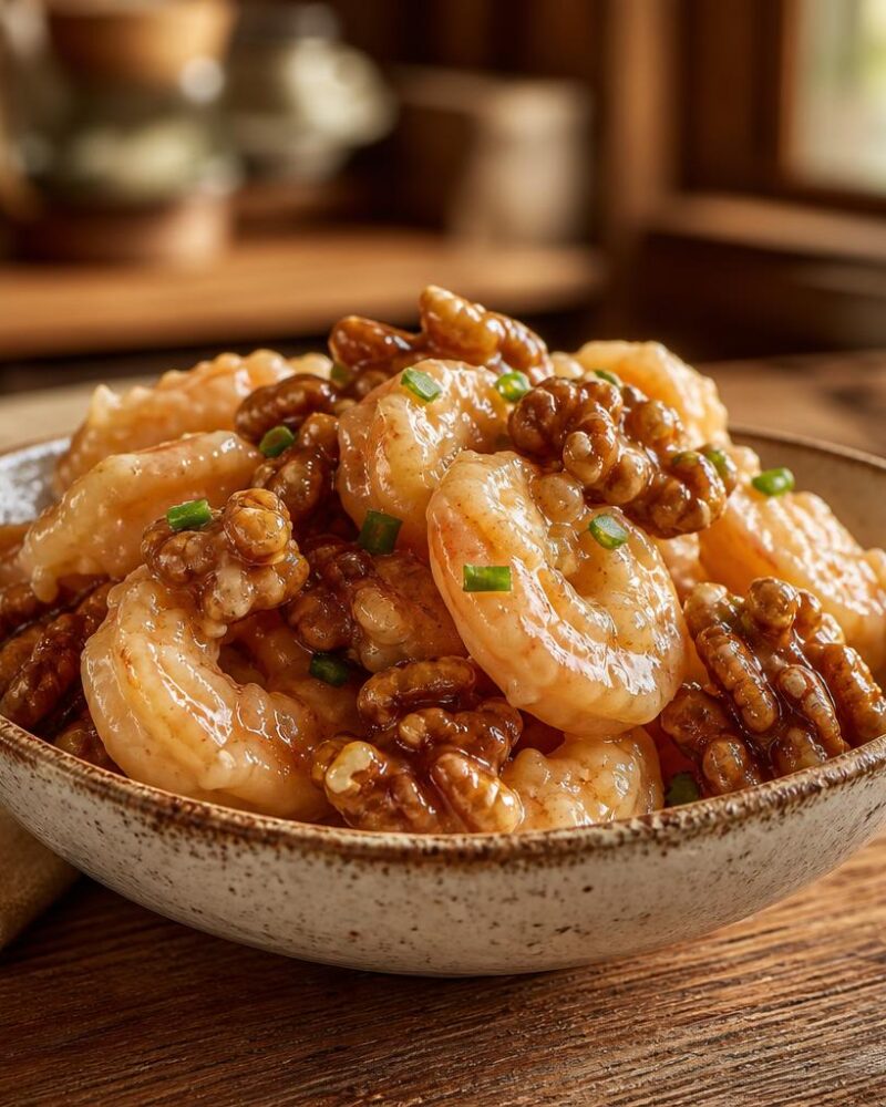 Honey Walnut Shrimp — crispy shrimp in creamy honey sauce with candied walnuts