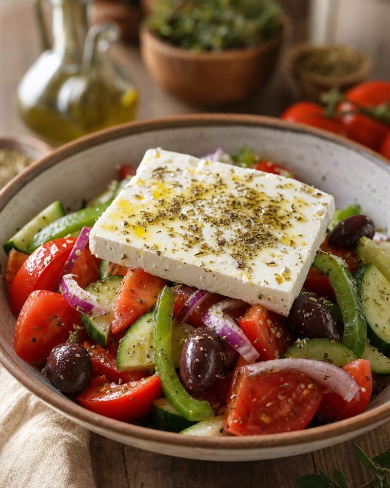 Horiatiki — authentic Greek village salad with feta, olives and oregano