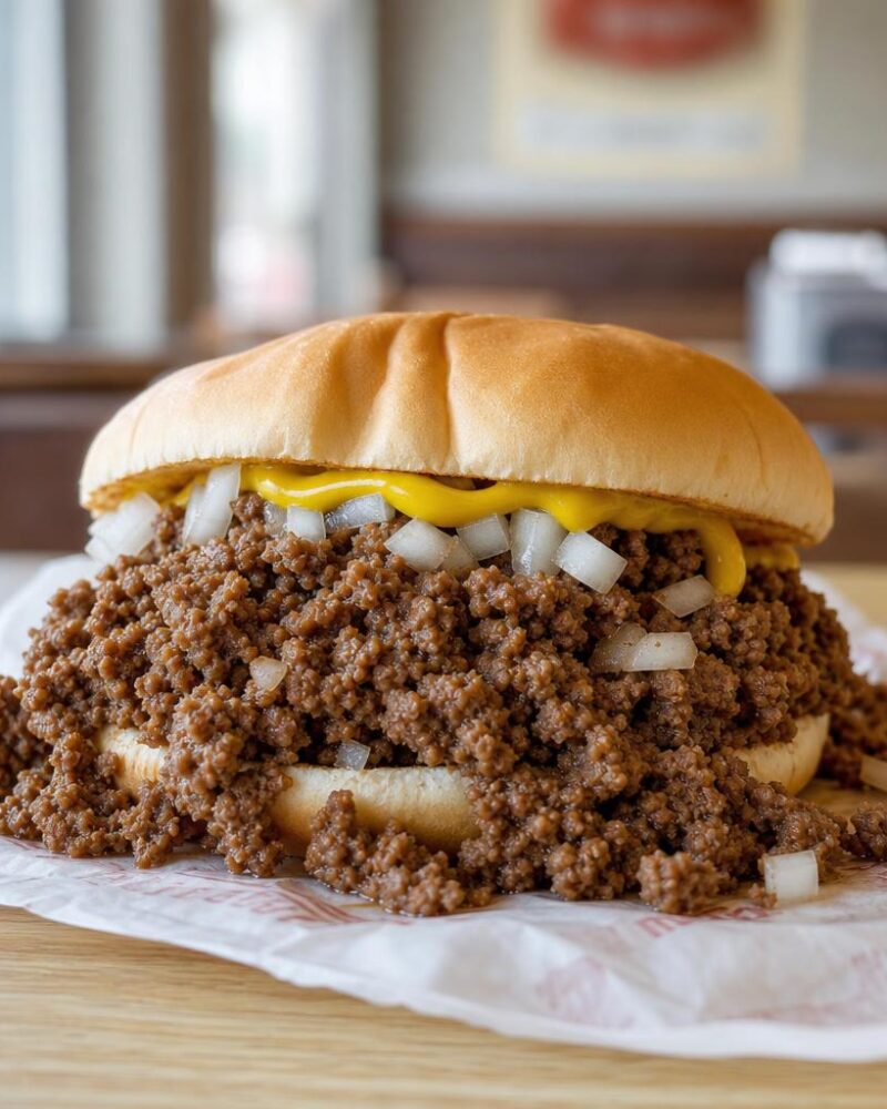 Loose meat sandwich piled with seasoned crumbled beef and mustard