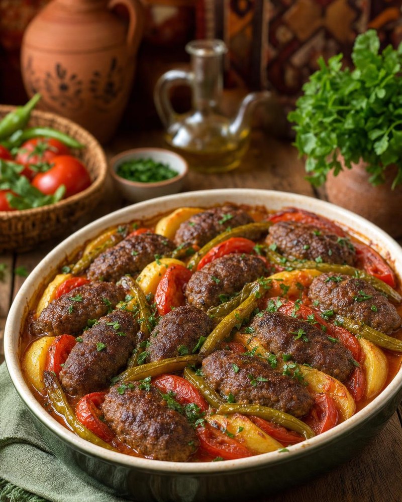 İzmir köfte Turkish baked meatballs with potatoes and peppers
