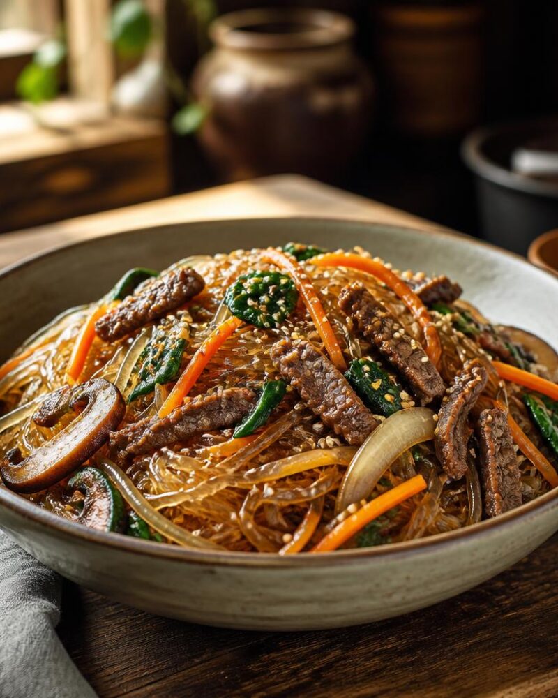 Japchae — glossy sweet potato noodles with beef and vegetables, sesame-scented