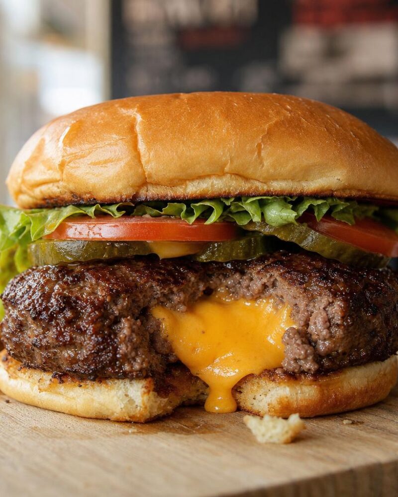 Juicy Lucy burger with molten cheddar oozing from the beef patty