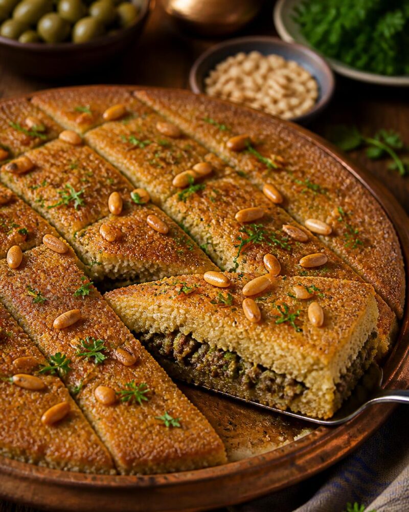 Kibbeh Bil Saniyeh - baked bulgur lamb casserole with herbed filling