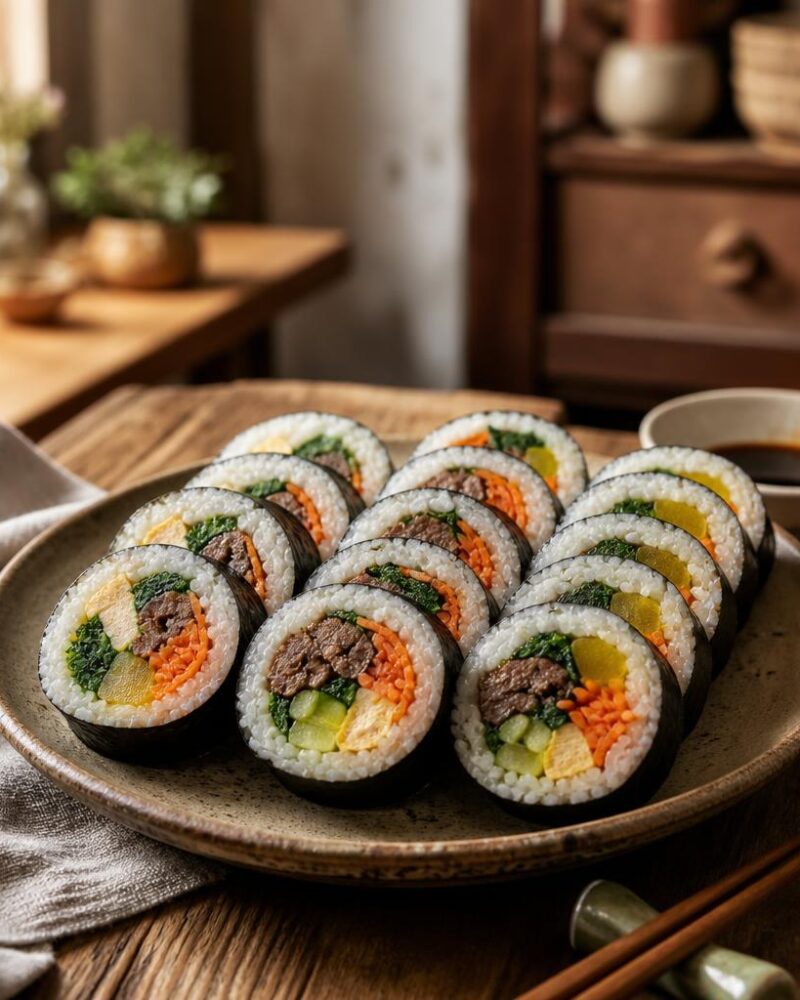 Kimbap (Korean seaweed rice rolls) with beef and pickled radish