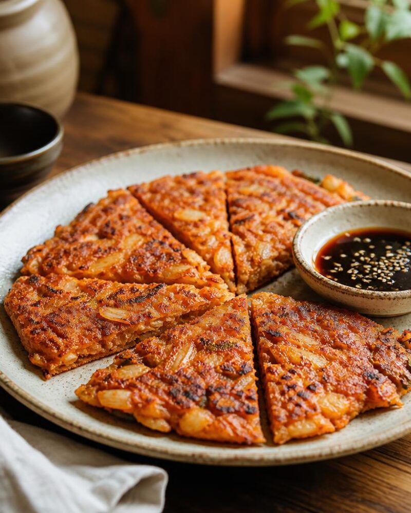 Kimchi Jeon — golden pancakes studded with tangy chopped kimchi