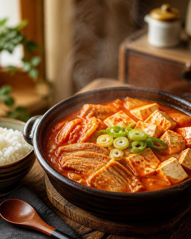 Kimchi Jjigae — bubbling stew of aged kimchi, pork and soft tofu