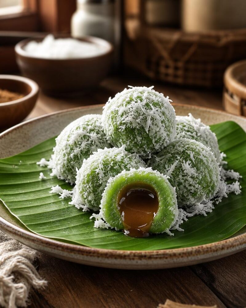 Klepon — chewy green rice balls with a molten palm-sugar center, rolled in coconut