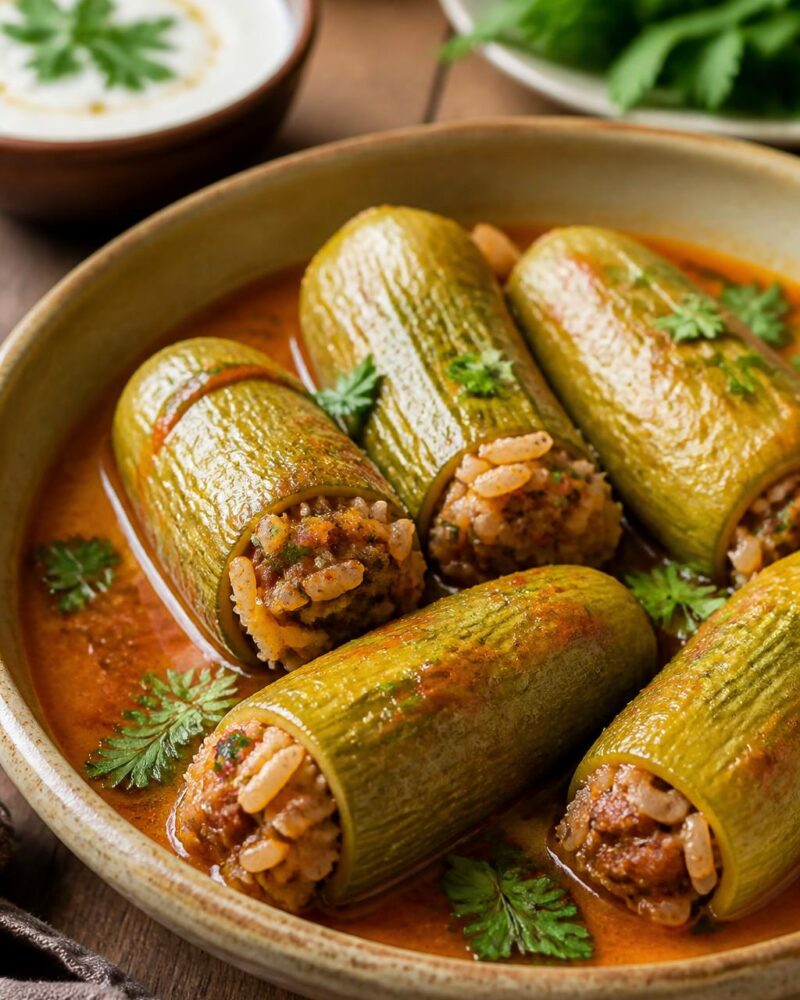 Kousa Mahshi - stuffed zucchini with spiced rice and meat