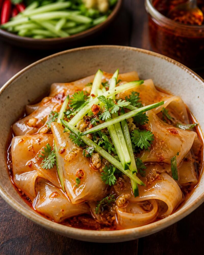 Laphing - cool mung bean jelly noodles in fiery garlic chili sauce