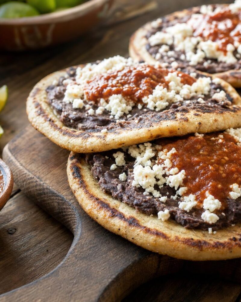 Oaxacan memelas topped with beans, cheese and salsa