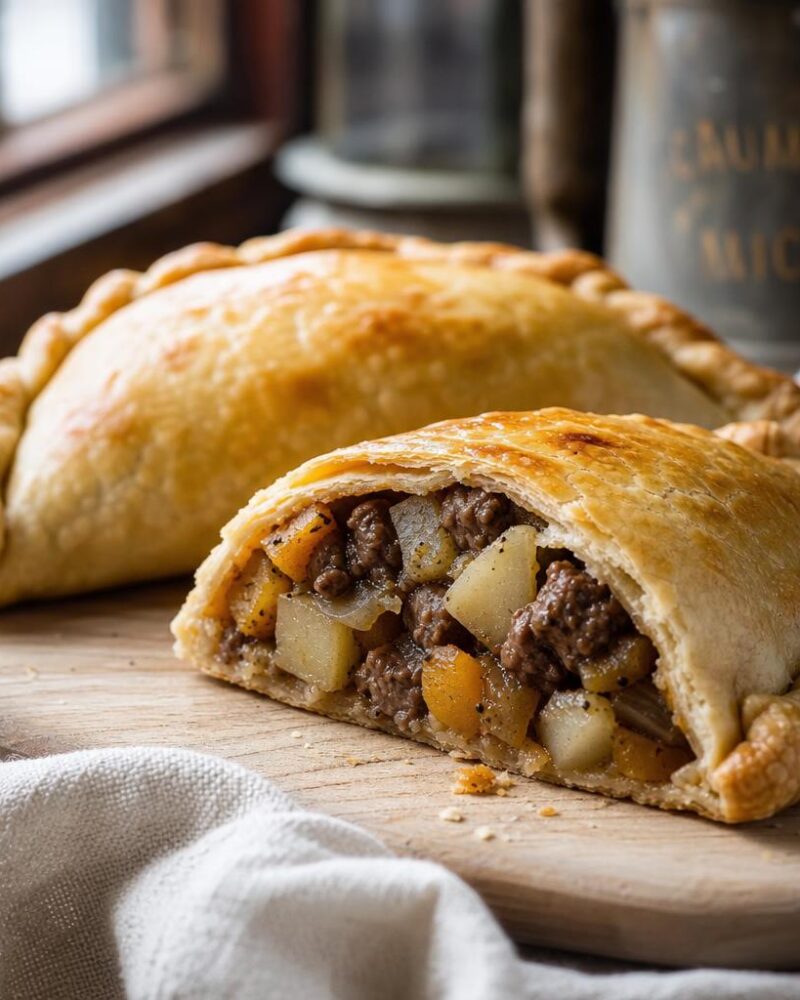 Golden pasty stuffed with beef, potato and rutabaga, cut open