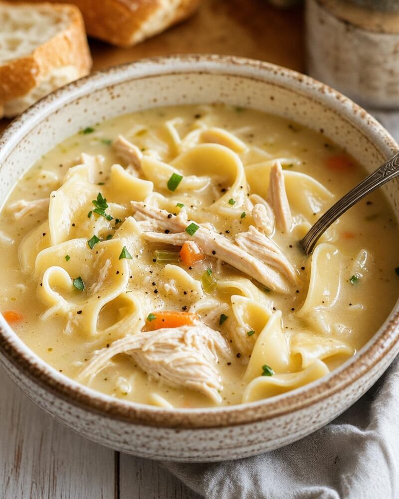 Wide egg noodles and shredded chicken in creamy broth