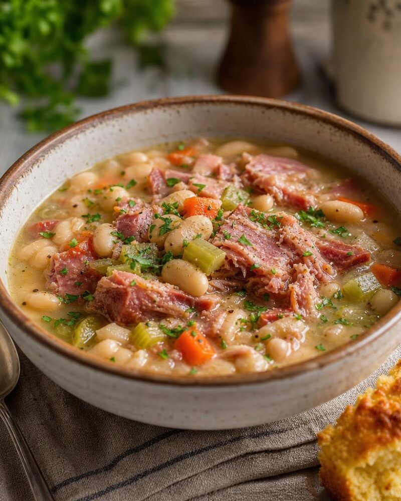 Hearty ham and white bean soup with cornbread