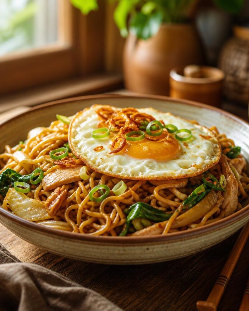 Mie Goreng (Indonesian fried noodles) with fried egg and shallots
