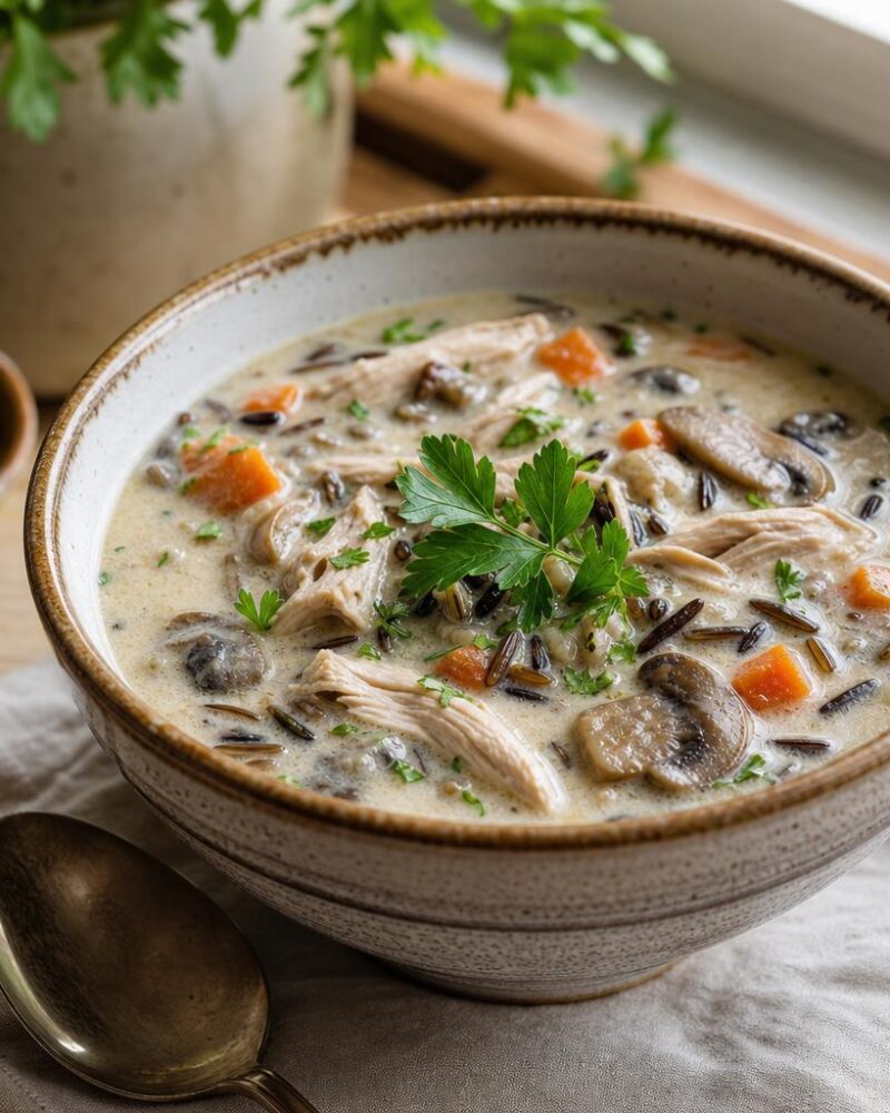 Creamy wild rice soup with chicken, carrots and mushrooms